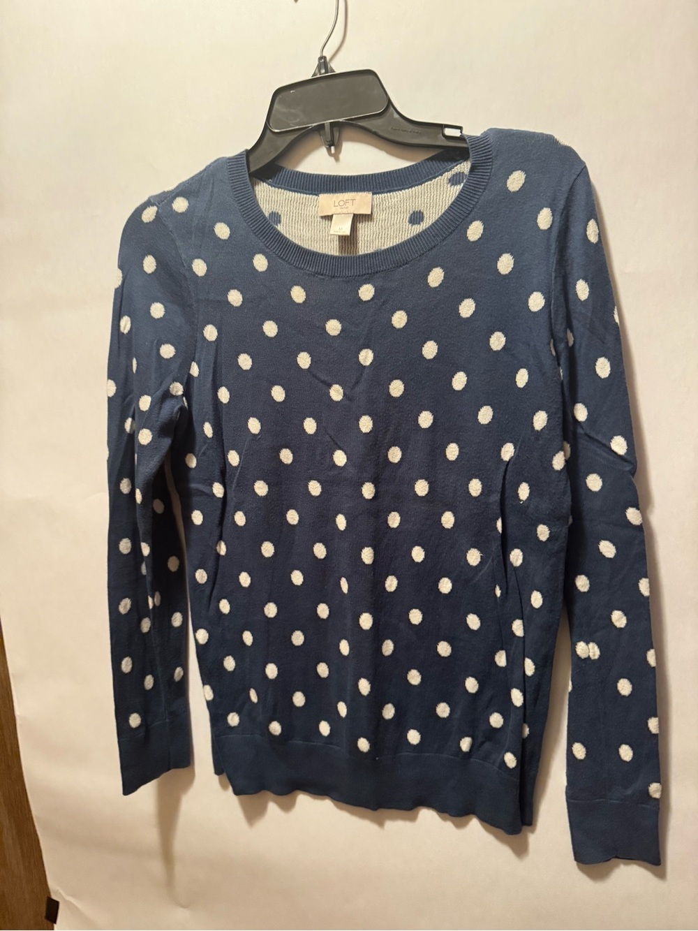 LOFT Navy and White Polka Dot Crewneck Sweater